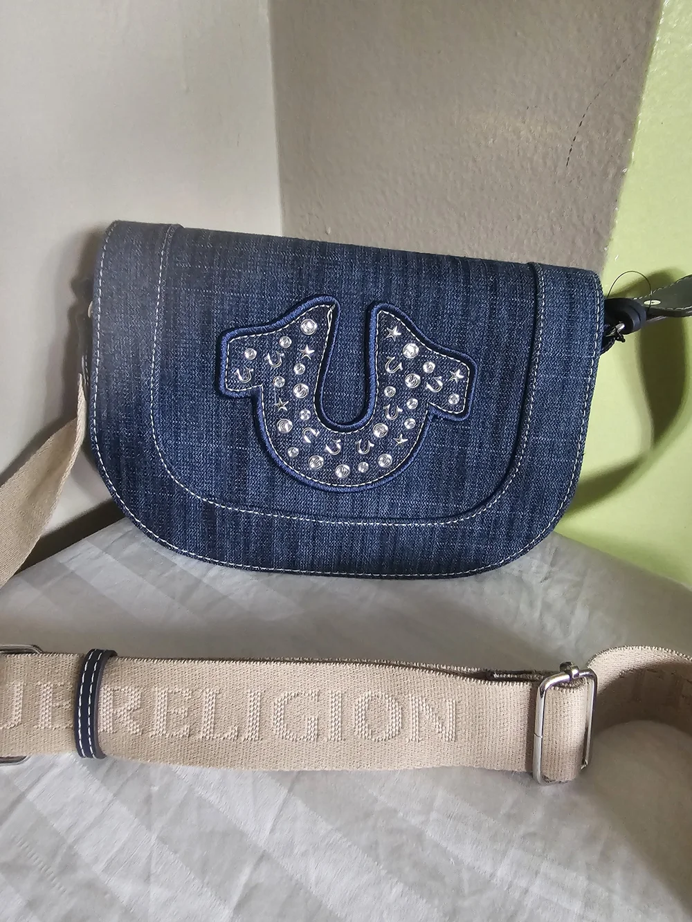True Religion Denim Crossbody Bag with Studded Horseshoe - Blue